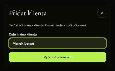 Dialog Přidat klienta s vyplněným jménem