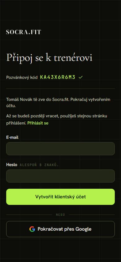 Telefon: stránka Připoj se k trenérovi s pozvánkovým kódem