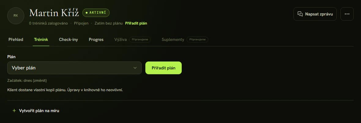 Záložka Trénink klienta bez plánu s formulářem pro přiřazení