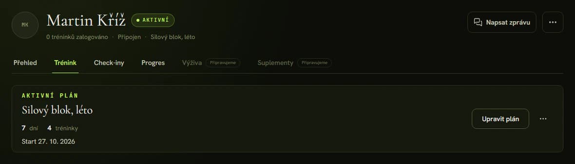 Záložka Trénink s aktivním plánem klienta