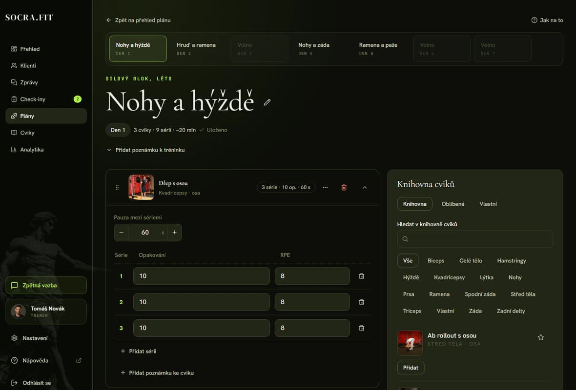 Editor dne s knihovnou cviků a tabulkou sérií