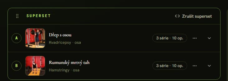 Editor dne se dvěma cviky spojenými do supersetu