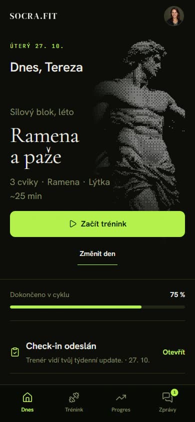 Obrazovka Dnes v telefonu s dnešním tréninkem a tlačítkem Začít trénink