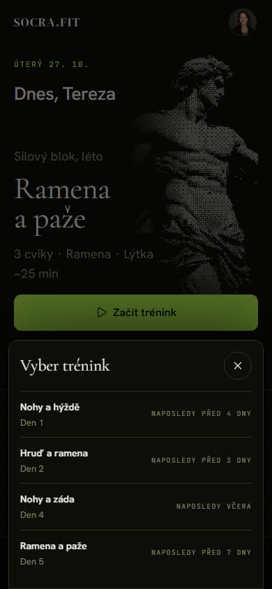 Seznam Vyber trénink s dny cyklu a údajem o posledním cvičení