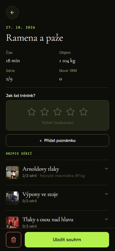 Souhrn tréninku v telefonu před uložením, s časem, objemem, hodnocením a viditelným tlačítkem Uložit souhrn