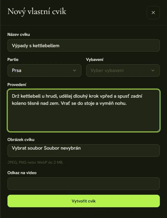 Formulář Nový vlastní cvik s názvem, partií, vybavením a obrázkem