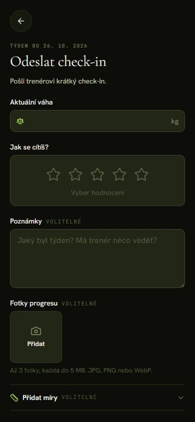 Formulář check-inu v telefonu s polem pro váhu, hodnocením týdne a poznámkami