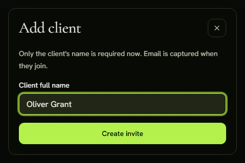 The Add client dialog with a name filled in