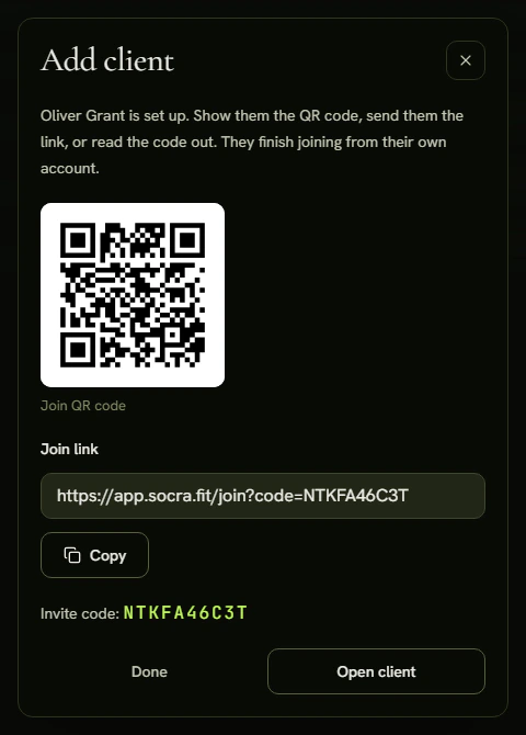 The finished invite with a QR code, a link and a code