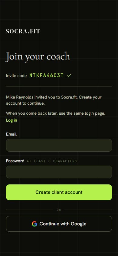 Phone: the Join your coach page with an invite code