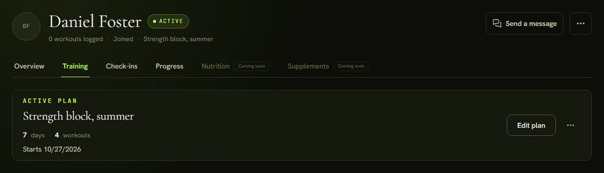 The Training tab with the client's active plan
