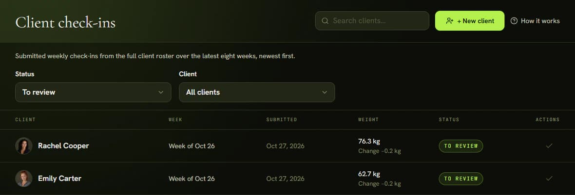 The Check-ins queue with the Status and Client filters and rows of submitted check-ins