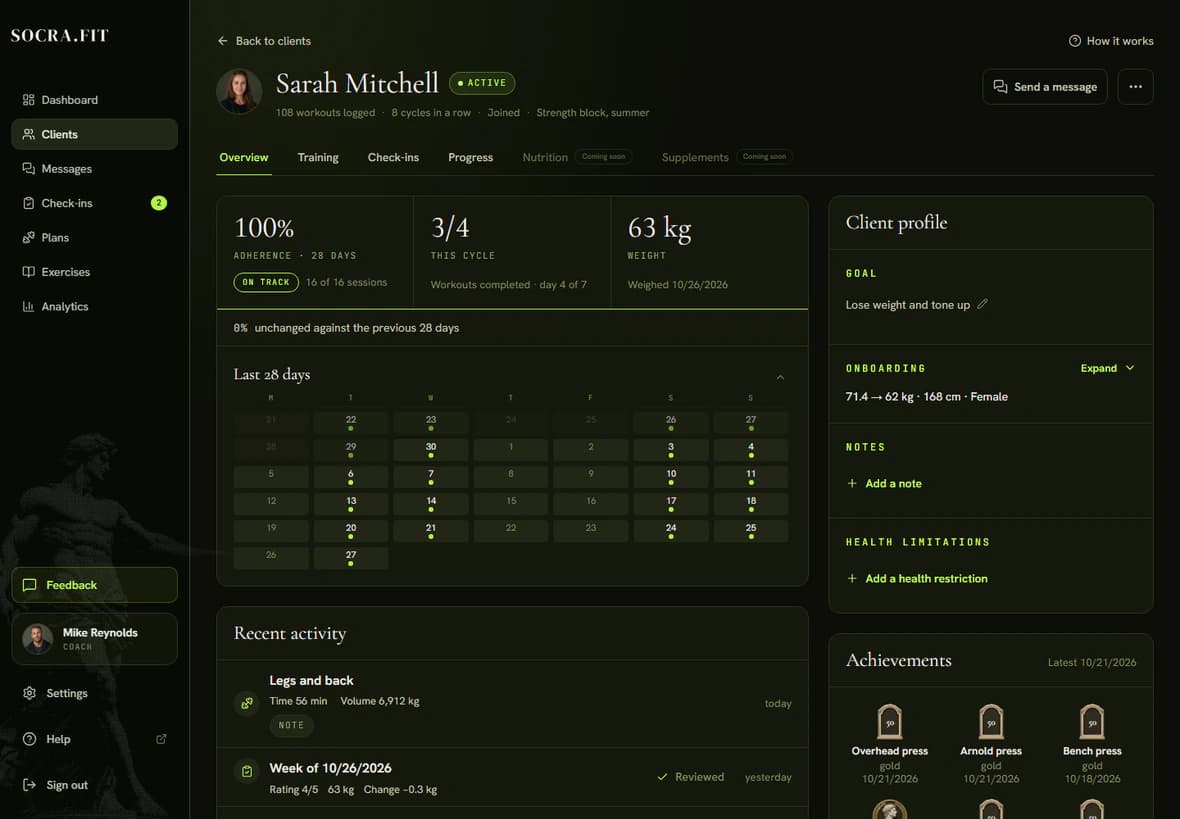 The Overview tab of a client with adherence, the current cycle, weight and the last 28 days calendar