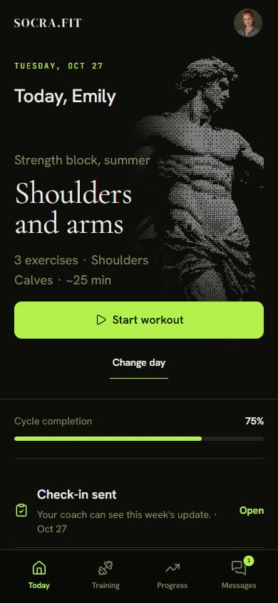 The Today screen on a phone with today's workout and the Start workout button