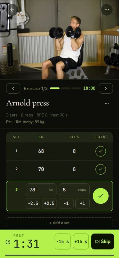 The tracker on a phone with set rows, weight and reps, and the round check mark button