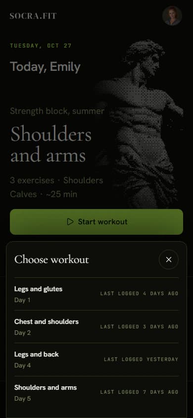 The Choose workout list with the days of the cycle and when each was last done