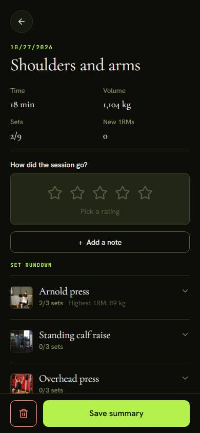 The workout summary on a phone before saving, with time, volume, rating and the Save summary button visible