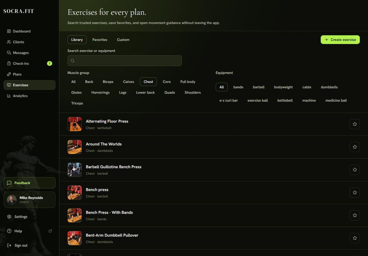 Exercise library with the search field and the Muscle group and Equipment filters