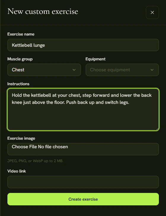 The New custom exercise form with name, muscle group, equipment and image