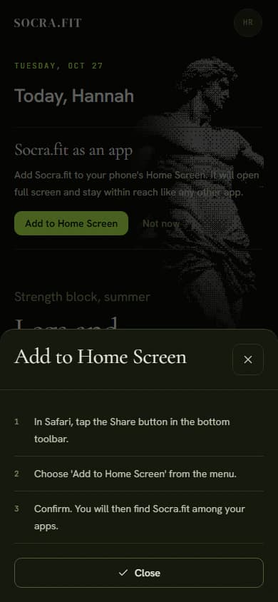 The Socra.fit as an app card and the steps for adding it to an iPhone Home Screen
