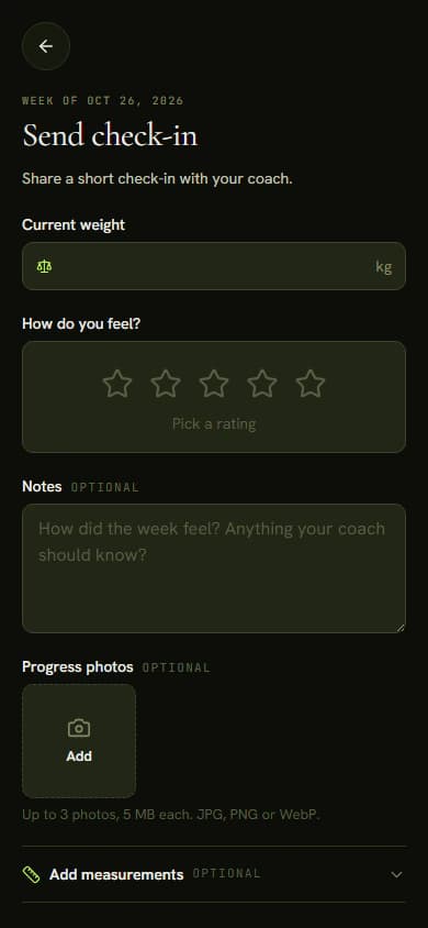 The check-in form on a phone with the weight field, the weekly rating and notes