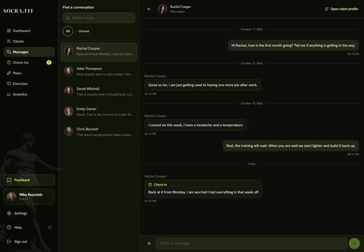 The inbox with conversations on the left and an open thread on the right