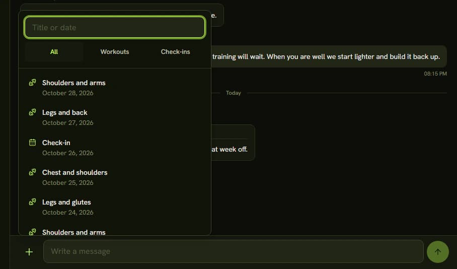 The record picker above the message field with a search field, the All, Workouts and Check-ins filters, and a list of the client's workouts and check-ins