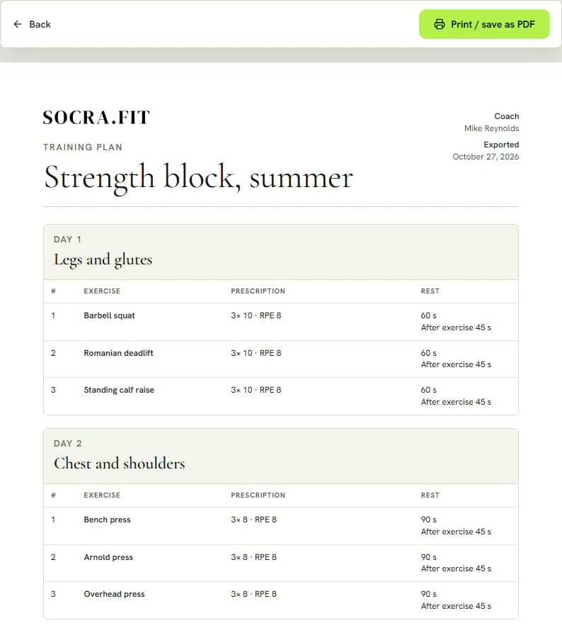Preview of the printed plan with the header and the exercise table