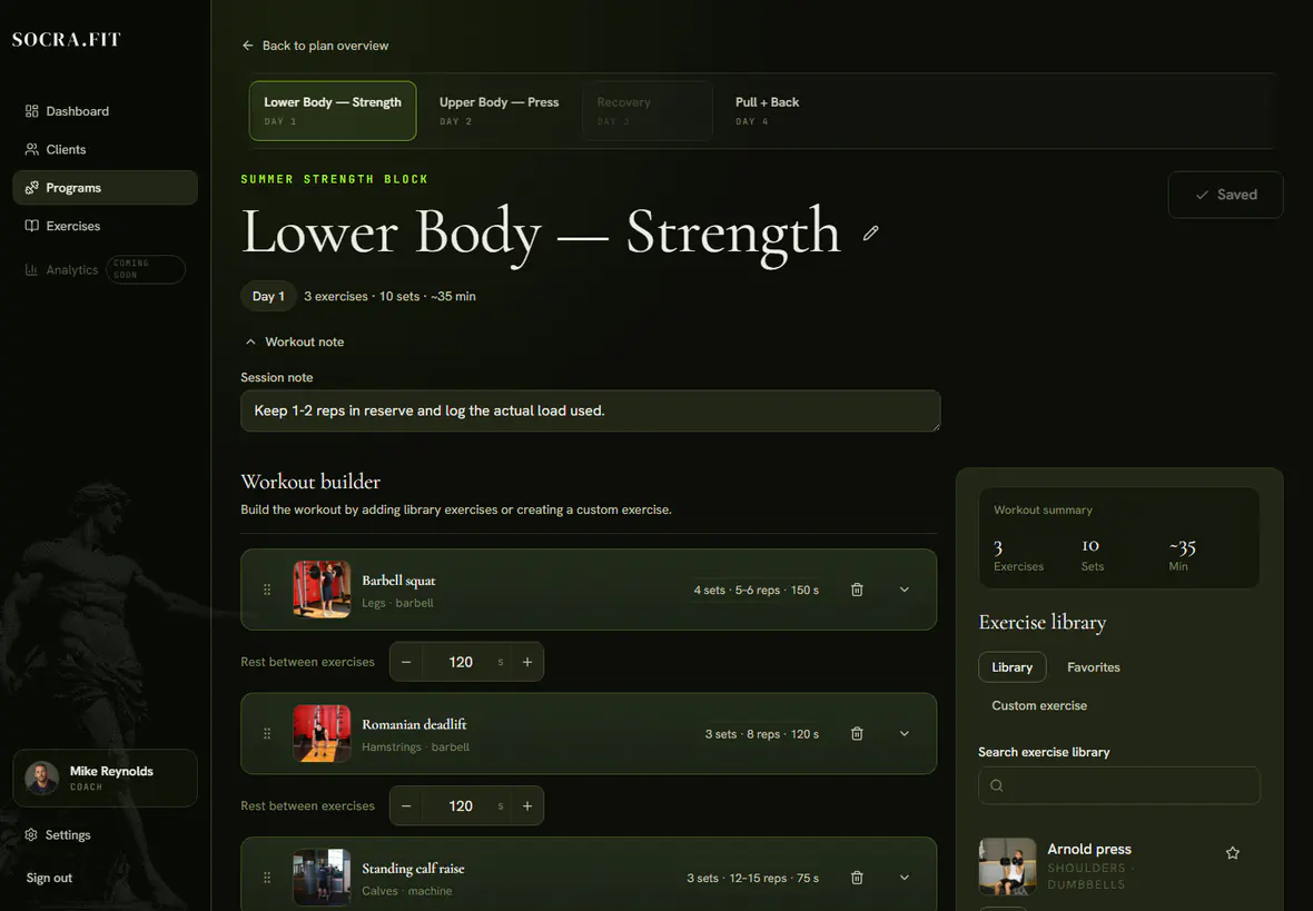 Socra.fit workout day editor with populated exercises and sets.