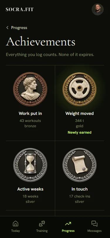 The trophy case in the Socra.fit client app: bronze, silver and gold badges for workouts, volume lifted, active weeks and check-ins.