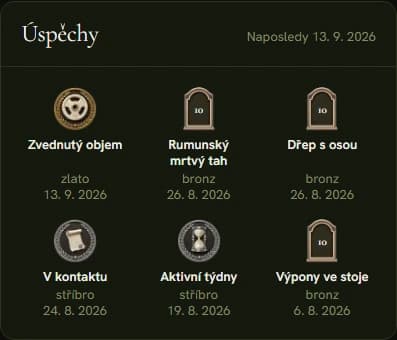 Karta Úspěchy v trenérském přehledu klienta: odznaky s kovem a datem.