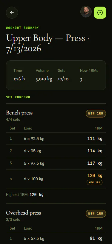 Socra.fit mobile workout summary with a new personal record.