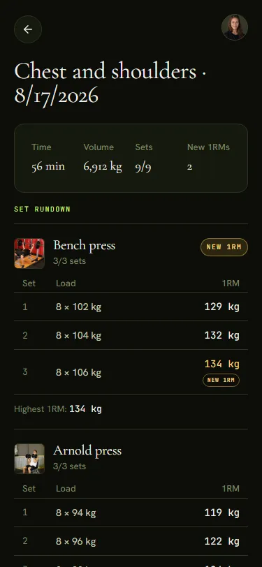 Socra.fit mobile workout summary with a new personal record.