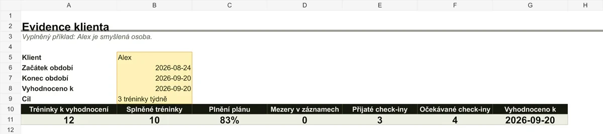 Náhled Excel evidence klientů s fiktivním klientem Alexem, docházkou, check-iny a mezerami v záznamech