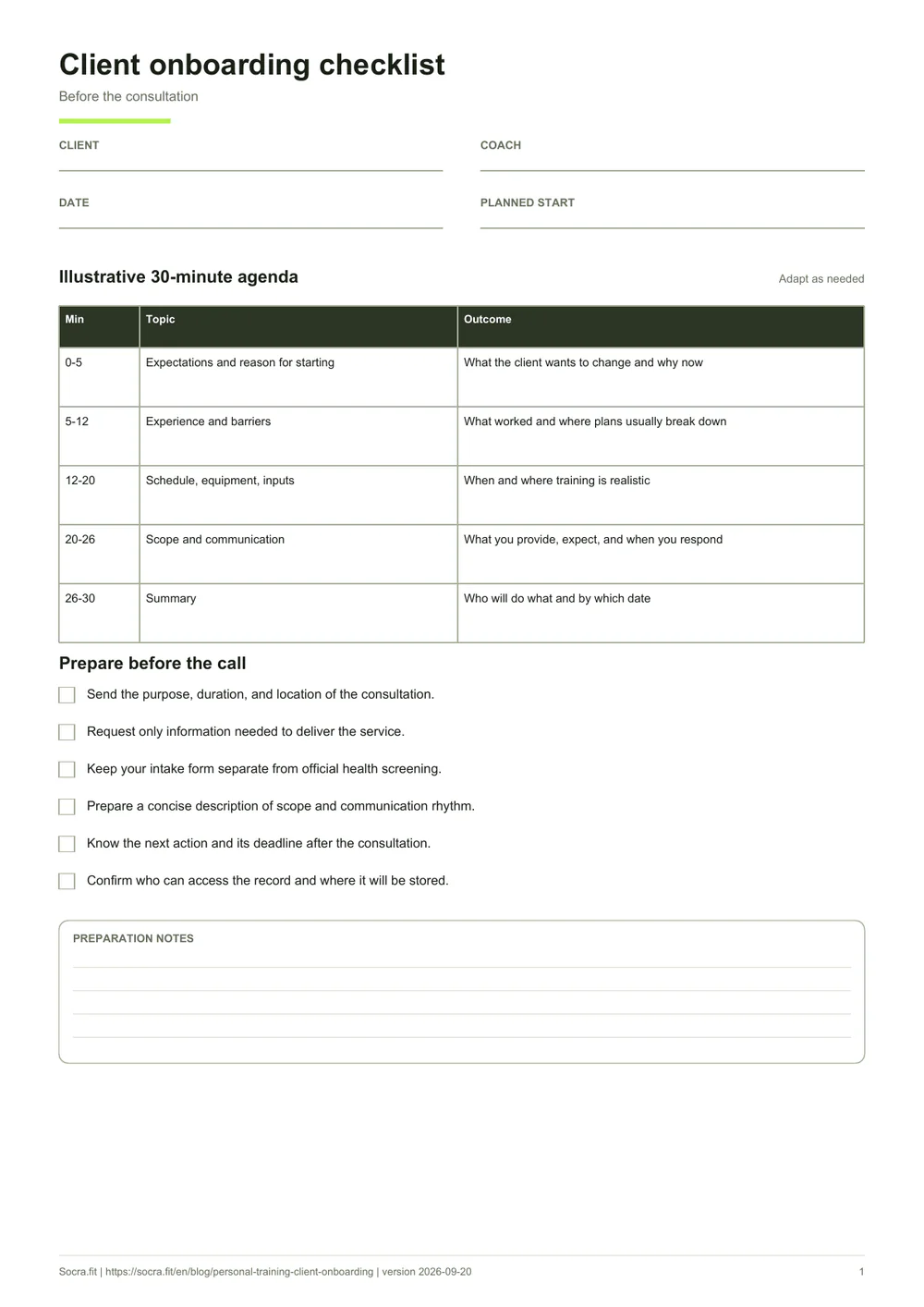 First page of the blank personal trainer client onboarding consultation checklist