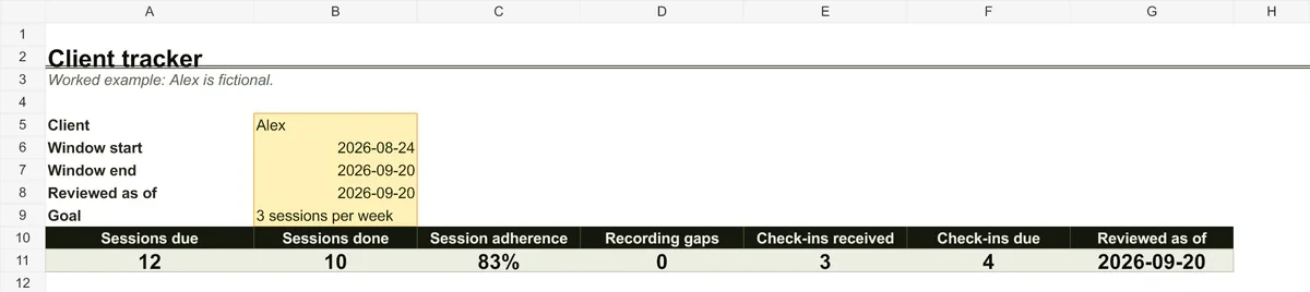 Preview of the Excel client tracker with fictional client Alex, attendance, check-ins, and recording gaps