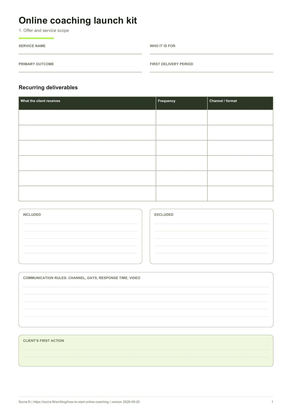 First page of the blank workbook for preparing and launching an online coaching service