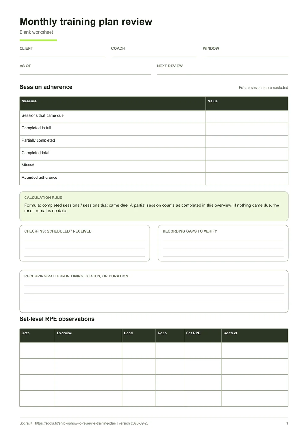 First page of the blank worksheet for a monthly training plan review
