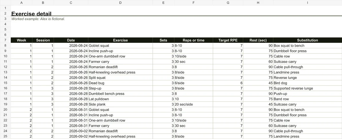 Excerpt from the Exercise detail sheet in the Excel training plan template with fictional client Alex